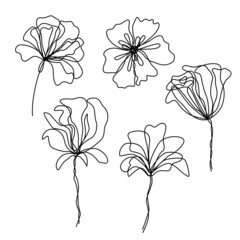 Set of abstract flowers. Drawing with one continuous line. Ornate outline black isolated on white background