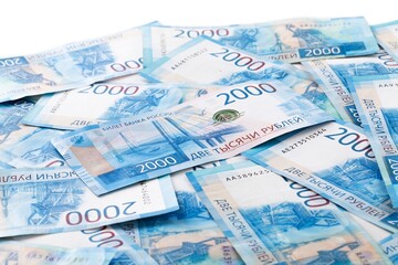 Fototapeta na wymiar 2000 Russian rubles money. Different denomination of bills. Finance concept. Money background and texture.