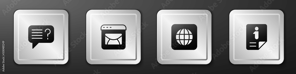 Poster set unknown search, mail and e-mail, worldwide and information icon. silver square button. vector