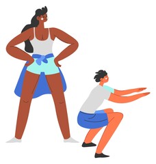 Woman teaching kid to do squats, sportive family