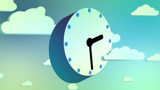 Cartoon clock 12 hours flying on sky moving clouds background. Surrealistic animation for illustrating time passing, dream, etc... Seamless loop. One clock version.