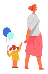 Mother and kid with inflatable balloons walking