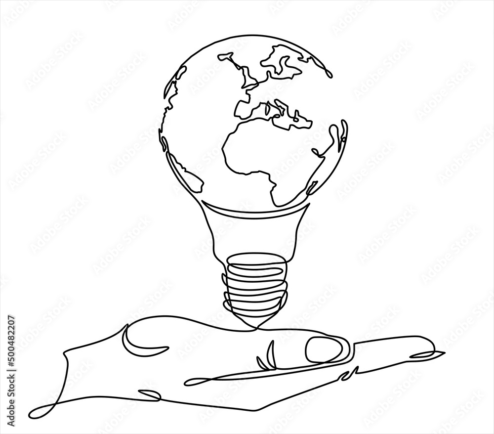Poster earth globe inside lightbulb in one continuous line drawing. vector concept of eco innovation, idea 