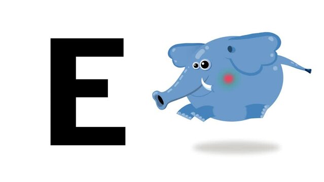 E letter big black like elephant cartoon animation. Animal loop. Educational serie with bold style character for children. Good for education movies, presentation, learning alphabet, etc...