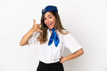 Airplane stewardess over isolated white background making phone gesture. Call me back sign