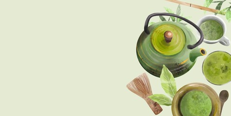 Matcha green tea banner, drink ads poster for cafe, healthy fresh beverage. Realistic 3d sketch illustration