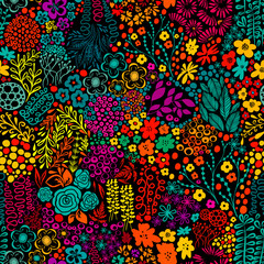 Exotic pheasants with flowers colorful seamless pattern on black background vector illustration