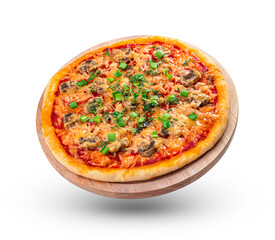 Pizza with tomatoes, cheese, mushrooms and fresh herbs is isolated on a white background
