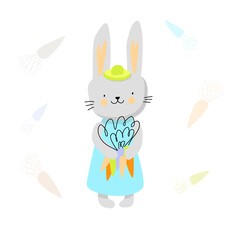 Easter poster cute rabbit character in hat with bunch of carrots. Spring vector design