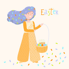 cute character girl holding an easter basket a gift for the holiday. Spring vector design