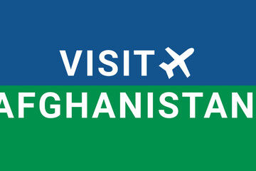 Visit Afghanistan . Visit Logo Afghanistan  and plane. Air flight to  Kabul , capital Afghanistan . Text on blue-green background. Buying air ticket