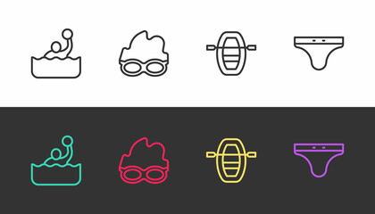 Set line Water polo, Glasses for swimming, Boat with oars and Swimming trunks on black and white. Vector
