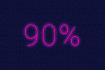 90% percent logo. ninety percent neon sign. Number ninety on dark purple background. 2d image