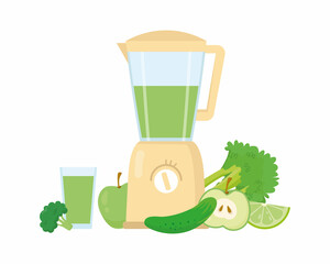 Electric blender with green vegetables and fruits and a glass of green smoothie. Vector illustration in cartoon style