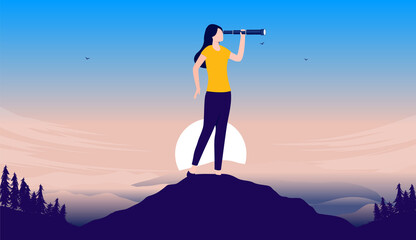 Businesswoman searching for career opportunities with binocular and casual clothing. Female person with ambitions concept. Vector illustration with copy space for text