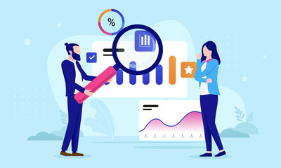 Business data research - Man and woman looking at charts and graphs analysing and contemplating. Flat design vector illustration with blue background