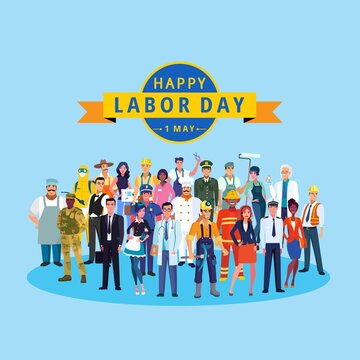group of people from various professions, 1 may labor day celebration message, social media post design vector.