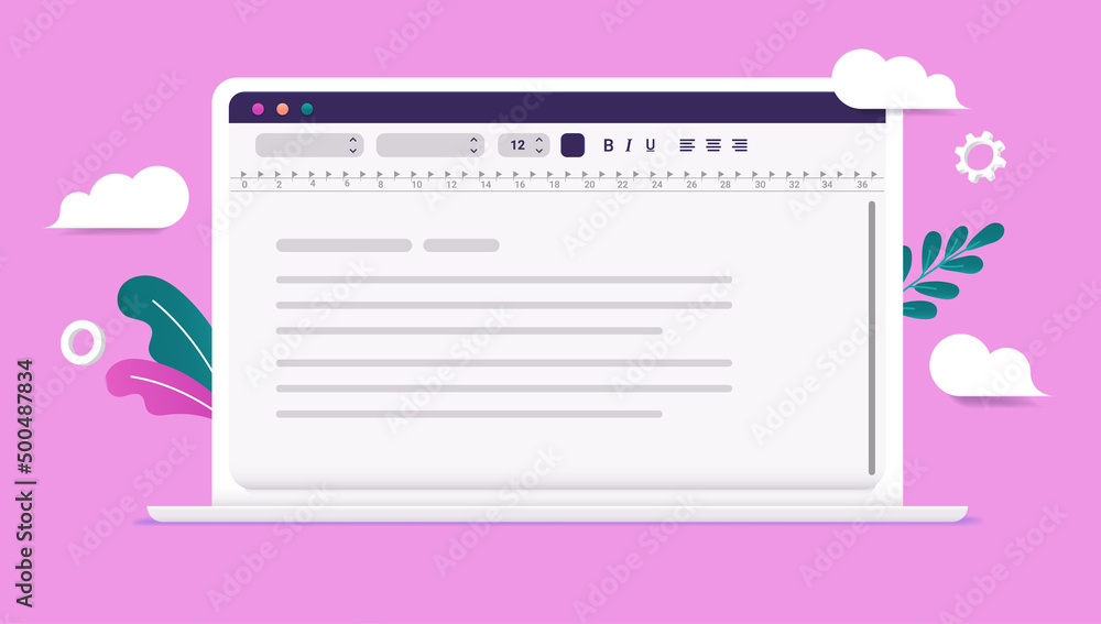 Poster text edit and word writing software on laptop computer screen with pink background. vector illustrat