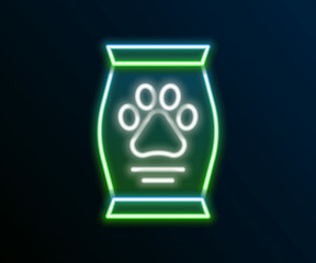 Glowing neon line Bag of food for dog icon isolated on black background. Dog or cat paw print. Food for animals. Pet food package. Colorful outline concept. Vector