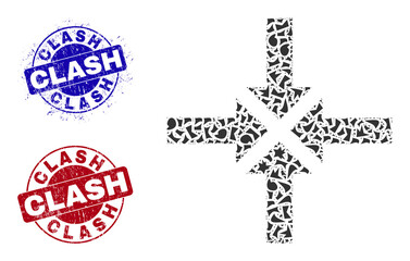 Round CLASH rough stamp seals with tag inside round forms, and spall mosaic compress arrows icon. Blue and red seals includes CLASH text. Compress arrows mosaic icon of shards particles.