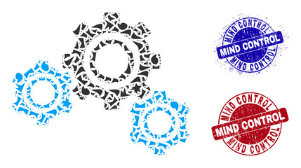 Obraz premium Round MIND CONTROL dirty stamp seals with word inside round forms, and shatter mosaic gears icon. Blue and red stamp seals includes MIND CONTROL title. Gears mosaic icon of shard particles.
