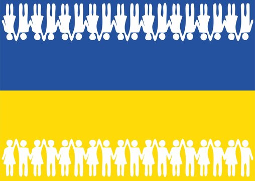 ukraine flag with people holding hands in world peace symbol