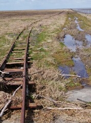 Verrostete Gleise in der Nordseelandschaft