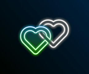 Glowing neon line Two Linked Hearts icon isolated on black background. Romantic symbol linked, join, passion and wedding. Valentine day symbol. Colorful outline concept. Vector