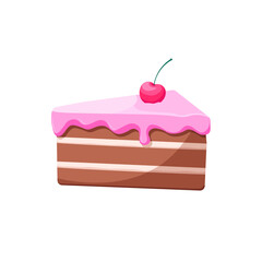 Piece of cake with pink Topping and a cherry. Slice of cake. Flat dessert illustration. Sweet. 