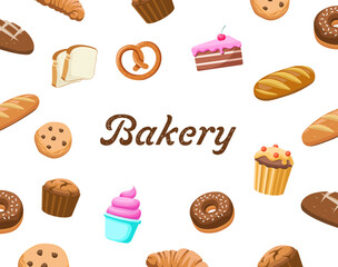 Bakery banner with products and desserts. Bakery poster with pattern with flat vector illustrations.	 Desserts background. 