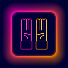 Glowing neon line Medical rubber gloves icon isolated on black background. Protective rubber gloves. Colorful outline concept. Vector