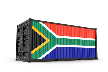 Realistic shipping cargo container textured with Flag of South Africa. Isolated. 3D Rendering