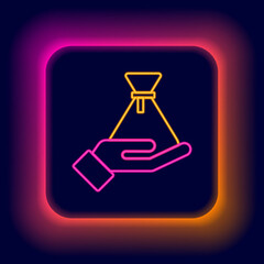 Glowing neon line Bribe money bag icon isolated on black background. Bill currency. Colorful outline concept. Vector