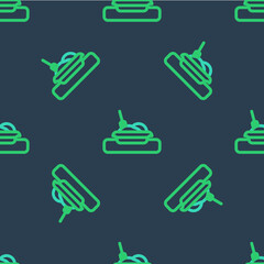 Line Plate, fork and knife icon isolated seamless pattern on blue background. Cutlery symbol. Restaurant sign. Vector