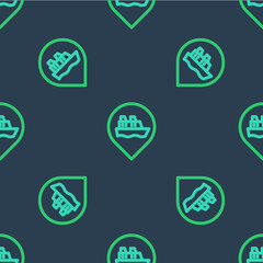 Line Location with cruise ship icon isolated seamless pattern on blue background. Travel tourism nautical transport. Voyage passenger ship, cruise liner. Vector