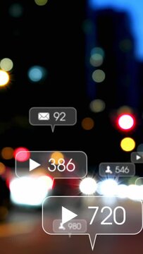 Animation of social media icons and numbers over road traffic and cityscape