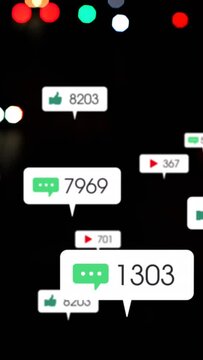 Animation of social media icons and numbers over out of focus city and car lights