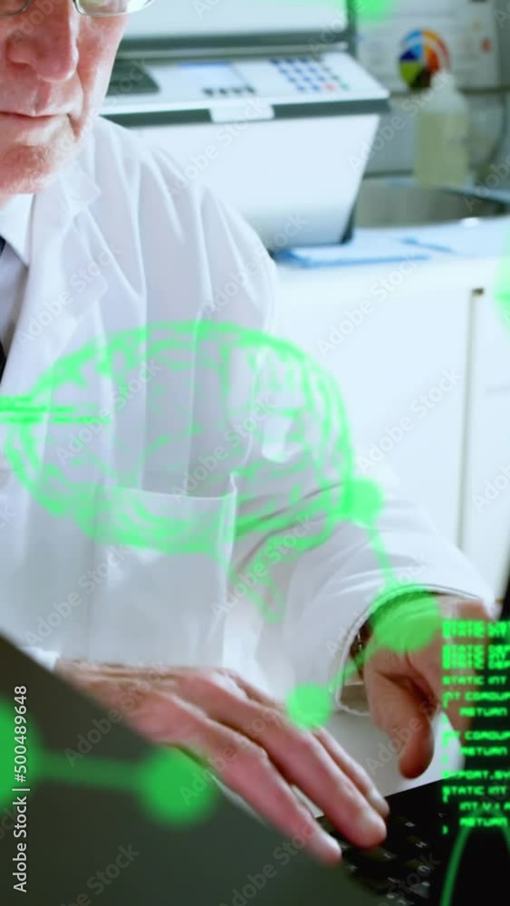 Aufkleber animation of data processing and human brain spinning over male scientist using computer