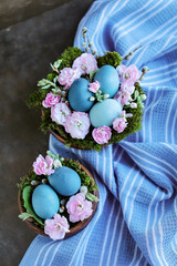 Beautiful Easter blue eggs on green fresh moss. Easter decor with natural items and colored eggs. Floral natural composition.