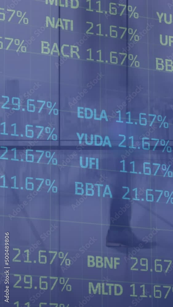Poster animation of statistics and data processing over businesspeople
