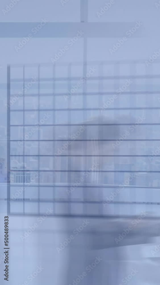 Poster animation of statistics and data processing over business people