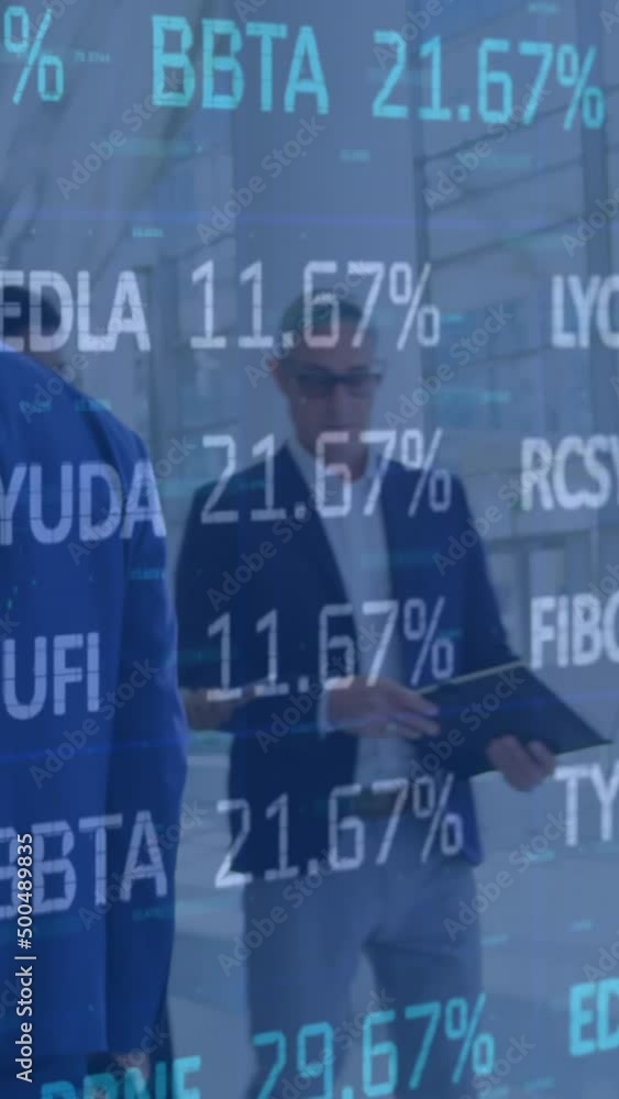 Poster animation of statistics and data processing over businessman