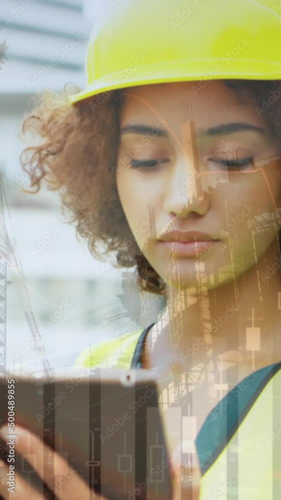 Poster animation of statistics processing over female architect using tablet at construction site