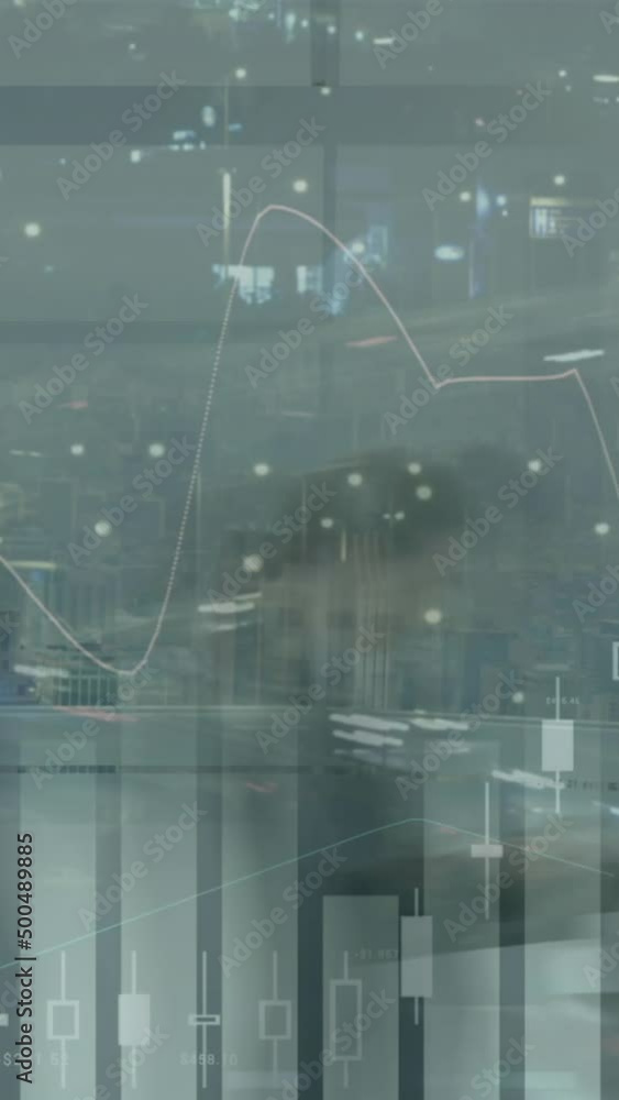 Poster animation of statistics and data processing over businessmen