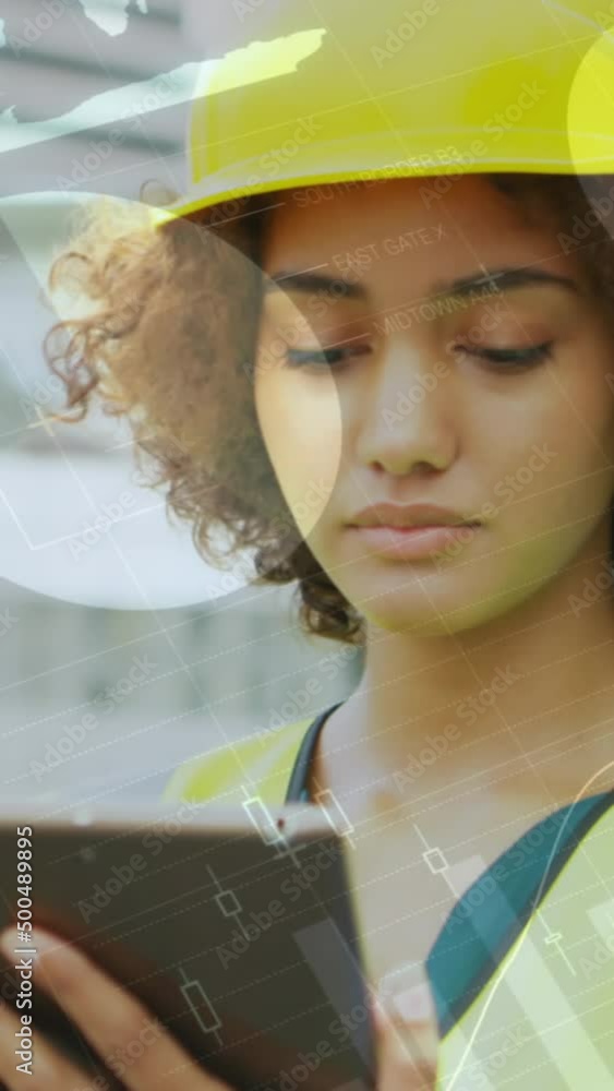Poster animation of statistics processing over female architect using tablet at construction site