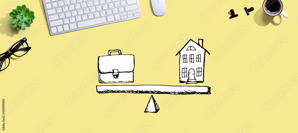 Aufkleber work and life balance with a computer keyboard and a mouse