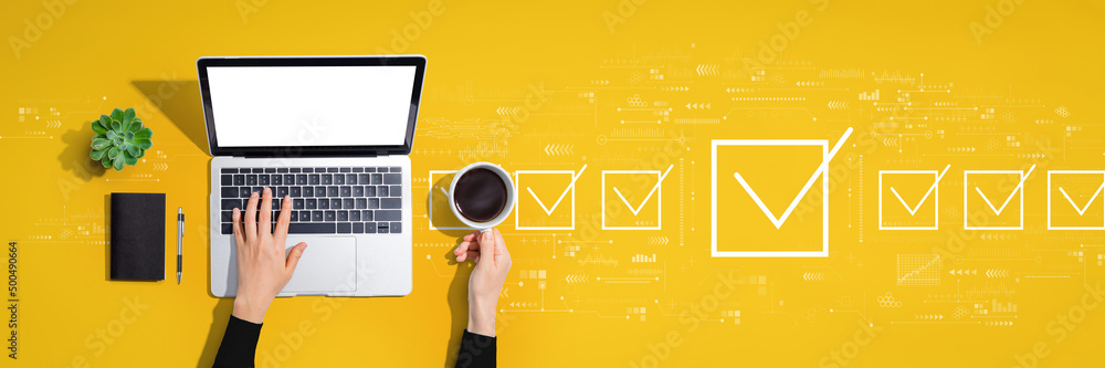 Poster checklist concept with person using a laptop computer