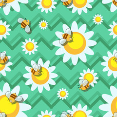 Bee swarm. Flower meadow. Bee kind funny inspirational background with a zigzag and flying bees