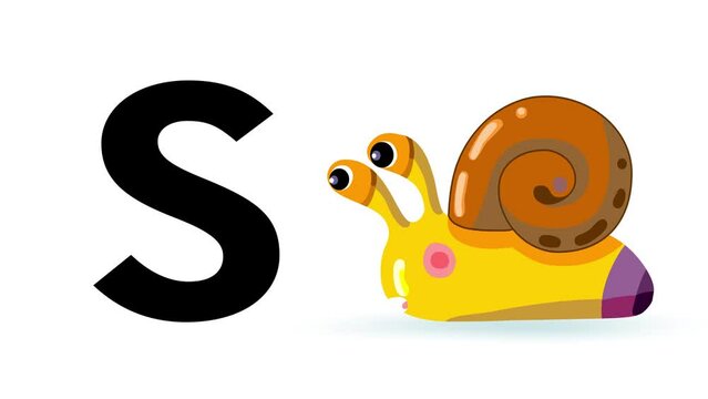 S letter big black like snail cartoon animation. Animal loop. Educational serie with bold style character for children. Good for education movies, presentation, learning alphabet, etc...