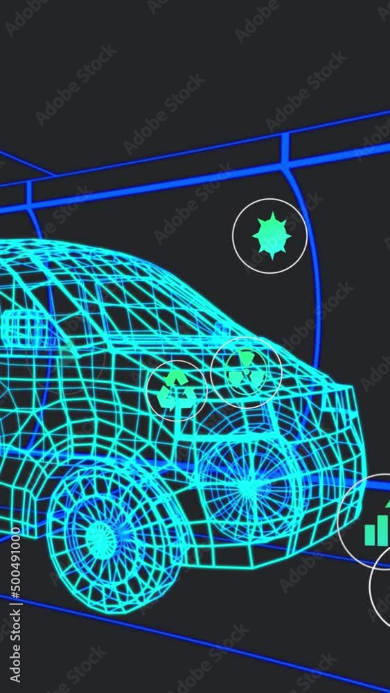 Poster animation of icons processing status data over 3d van model moving on black background